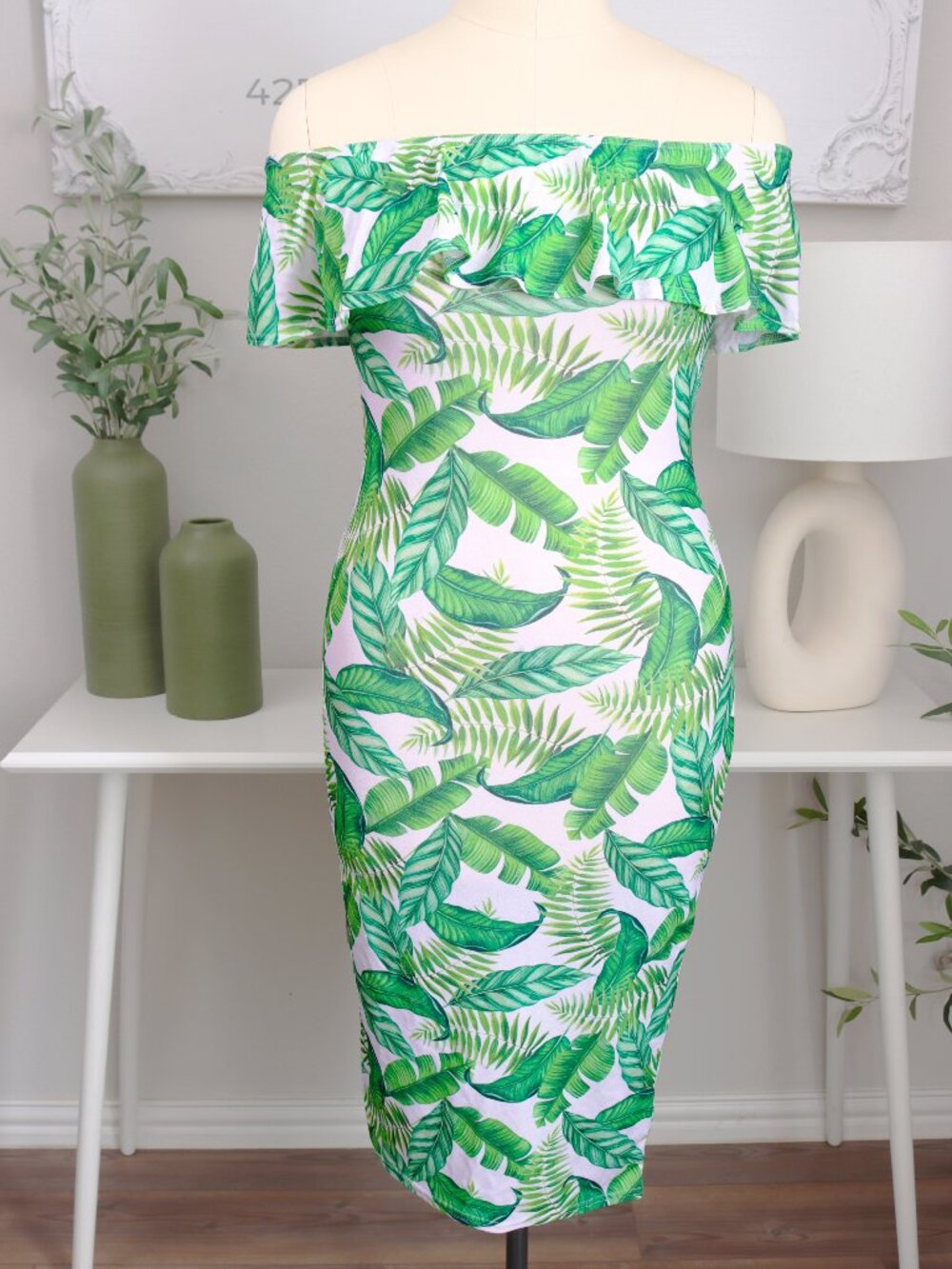 Green Palm Print Bardot Ruffle Bodycon Midi Dress - Missguided